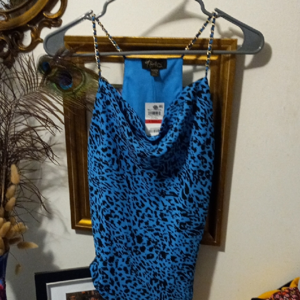 Thalia Sodi Bright Blue Dress with Black Leopard Trim